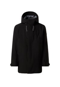 Giacca impermeabile nera con collo alto, cerniera frontale, due tasche laterali e coulisse regolabili sul cappuccio. Tessuto dalla trama liscia.