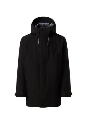 Schwarze wasserdichte Jacke mit hohem Kragen, Frontreißverschluss, zwei Seitentaschen und verstellbaren Kordeln an der Kapuze. Glatter Stoff.