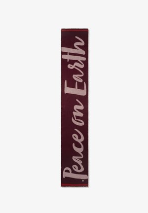 Maroonfarbener dekorativer Schal mit dem Schriftzug „Frieden auf Erden“ in hellrosa Schreibschrift. Weiche Textur mit Fransen an den Kanten und kleinem Akzentdetail.