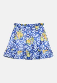 Μπλε φούστα με σχέδια και λουλουδένια μοτίβα με κίτρινες λεπτομέρειες, που διαθέτει βολάν στο τελείωμα και ελαστική μέση για άνετη εφαρμογή.