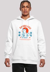 White hoodie featuring a graphic of a Shiba Inu with red and blue accents. Includes a front pocket and drawstring hood.