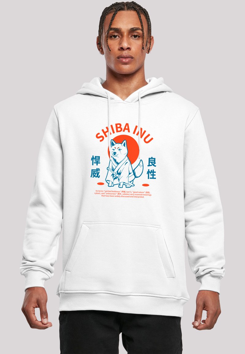 White hoodie featuring a graphic of a Shiba Inu with red and blue accents. Includes a front pocket and drawstring hood.