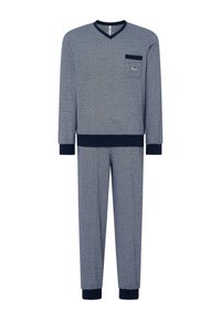 Pijamas de patrón azul marino con un pulóver de cuello en V, mangas largas y pantalones a juego. Presenta puños acanalados y un pequeño bolsillo en el pecho.