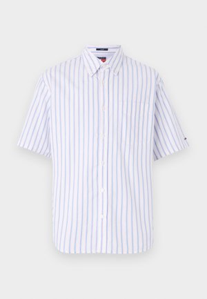 Short-sleeve button-up shirt in white and light blue stripes, made of smooth fabric, featuring a chest pocket and classic collar design.