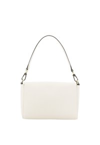 White leather handbag with a structured rectangular shape, a flat body, and a single top handle featuring black accents. Metallic hardware included.