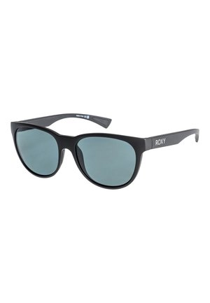 Gafas de sol de plástico negro con diseño de ojo de gato, que presentan lentes azul oscuro y un sutil logo "ROXY" en la patilla. Textura suave en todo el acabado.