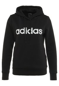 Felpa nera con cappuccio e tasca a marsupio sul davanti, con cordino per la regolazione del cappuccio e logo "adidas" bianco sul petto. Realizzata in tessuto morbido con polsini a costine.