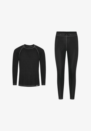 Maglia termica nera a maniche lunghe con cuciture grigie, abbinata a leggings termici neri coordinati con fascia in vita logo.