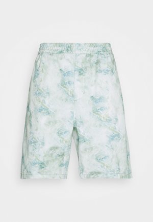 Shorts vert menthe avec un motif marbré tourbillonnant. Confectionnés en tissu léger, avec une taille élastique et des poches latérales.