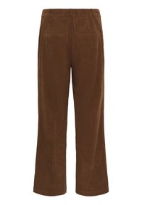 Pantalons en velours côtelé marron avec une coupe droite, dotés de deux poches arrière et d'une finition en tissu texturé.