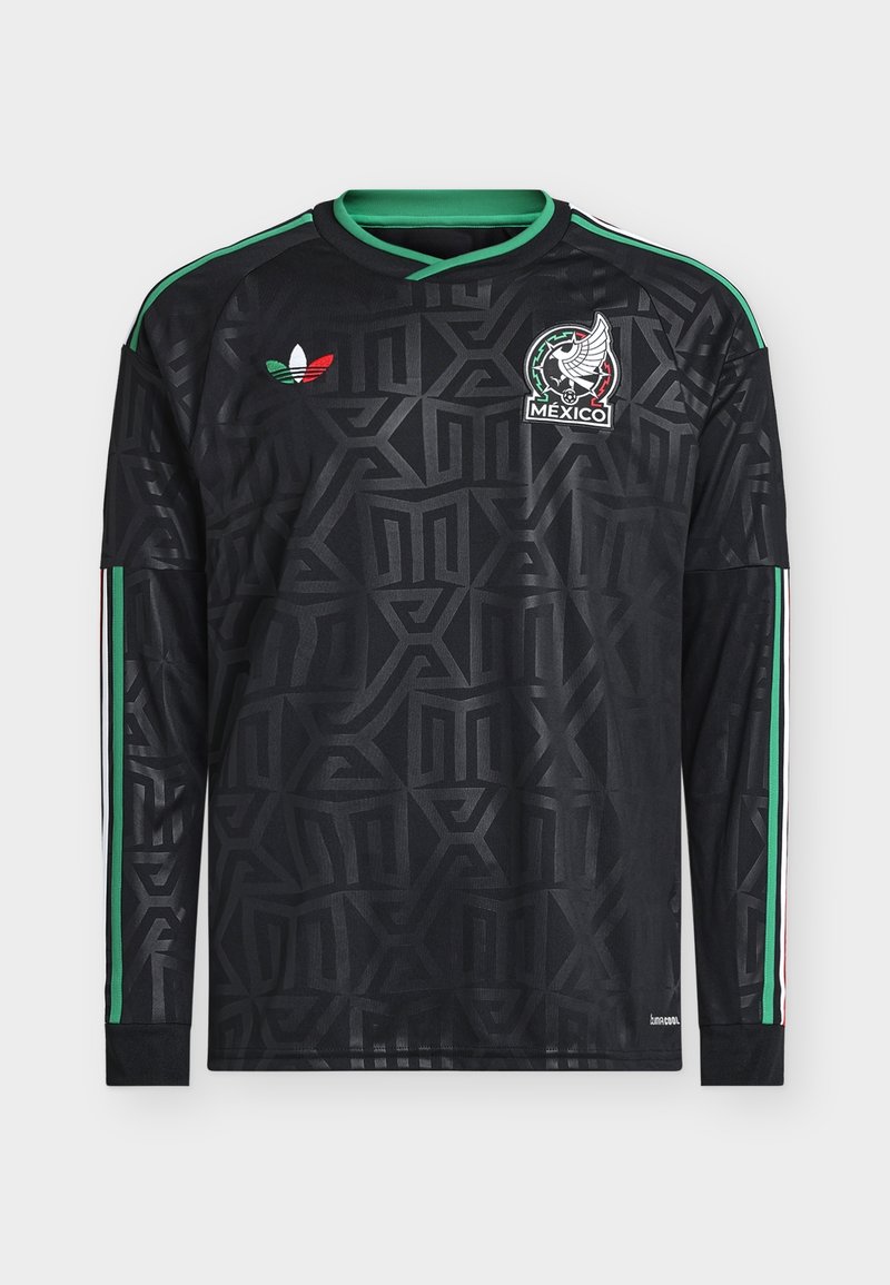Maillot de football noir à manches longues avec col vert, écusson de l'équipe du Mexique et motif géométrique subtil, avec des rayures vertes, blanches et rouges sur les manches.