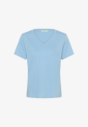 Svetlo modra bombažna majica z kratkimi rokavi in V-izrezom, z enostavnim dizajnom, prikazana na belem ozadju.
