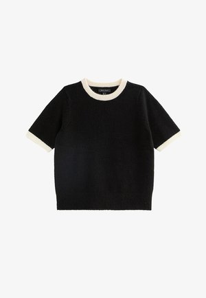 Sweter z krótkim rękawem w kolorze czarnym, wykonany z miękkiego materiału. Posiada okrągły beżowy prążkowany dekolt oraz prążkowane beżowe wykończenia na rękawach.