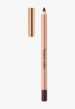 Lippenstiftstift mit einem roségoldenen metallischen Gehäuse, einer dunkelbraunen Spitze und schwarzem "Velvet Love"-Text an der Seite; mit passendem Deckel.