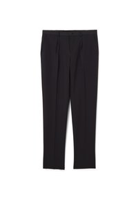 Zwarte op maat gemaakte broek van lichtgewicht stof. Heeft een vlakke voorkant, riemlussen, twee zijzakken en een enkele achterzak met een knoop.