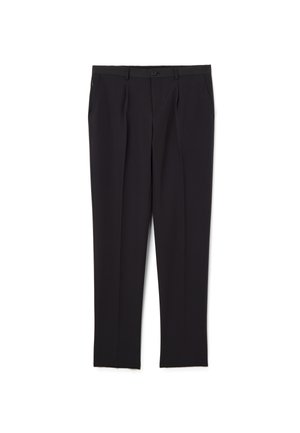 Schwarze, maßgeschneiderte Hose aus leichtem Stoff. Mit flacher Vorderseite, Gürtelschlaufen, zwei Seitentaschen und einer einzelnen Gesäßtasche mit Knopf.