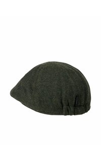 Green wool flat cap with a rounded shape, textured fabric, and gathered back detail. Features a small black brand label on the side.