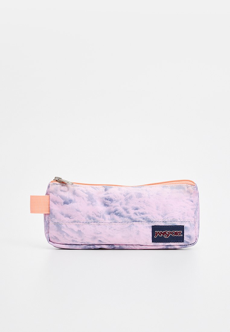 Lila- und rosa Batik-Mäppchen mit Reißverschluss und orangefarbenem Akzent-Tab, mit einem dunkelblauen JanSport-Logo auf der Vorderseite.