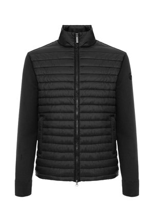 Schwarze Steppjacke mit Reißverschluss vorne, Stehkragen, Strickärmeln und zwei seitlichen Taschen, dargestellt vor weißem Hintergrund.