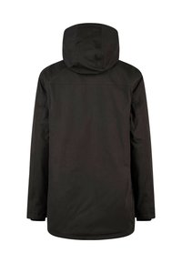 Schwarze wasserdichte Parkajacke mit Kapuze, aus leicht strukturiertem Stoff, geradem Schnitt und ohne sichtbare Beschläge oder Akzente.