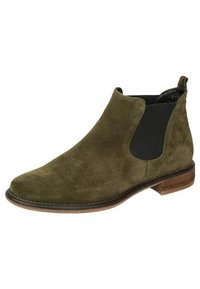 Bottines en daim vert olive avec des panneaux latéraux élastiques, bout rond et un petit talon en bois, présentant une texture lisse et un design minimaliste.