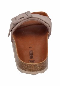 Brown suede slide sandal with a wide strap, decorative buckle, and a textured cork footbed. Label indicates size 36, made in Spain.