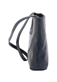 Borsa a tracolla in pelle blu navy con una texture liscia, design slim e due spallacci. Presenta una base stretta e una forma strutturata.