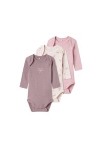 Set of three long-sleeve baby bodysuits: one mauve, one cream with bow patterns, one solid pink. Soft cotton material, snap closures at bottom.