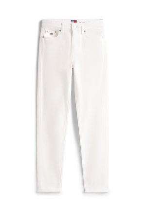 Valged kitsad teksad viie tasku, hõbedaste naeltega ja väikese punase, valge ja sinise logoga esikülje münditaskul.