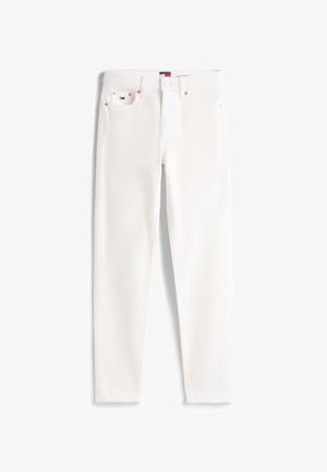 Jean blanc slim avec cinq poches, détails de rivets argentés et un petit logo rouge, blanc et bleu sur la petite poche avant.