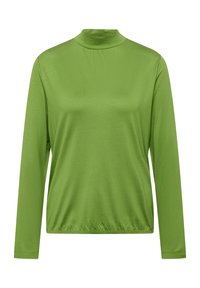 Langärmeliges Oberteil in leuchtendem Grün, mit hohem Kragen, glatter Textur und lockerem Sitz mit gerafftem Saum für zusätzliche Formgebung.