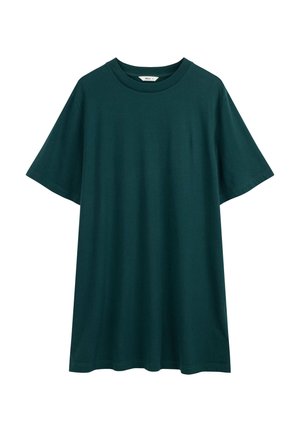 Dunkelgrünes, übergroßes T-Shirt mit kurzen Ärmeln und rundem Ausschnitt, auf weißem Hintergrund dargestellt.