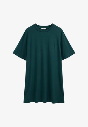 Dunkelgrünes, übergroßes T-Shirt mit kurzen Ärmeln und rundem Ausschnitt, auf weißem Hintergrund dargestellt.