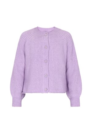 Cardigan tricotat lila cu decolteu rotund, mâneci lungi și cinci butoane frontale. Prezintă un material texturat și un tiv ribijat.