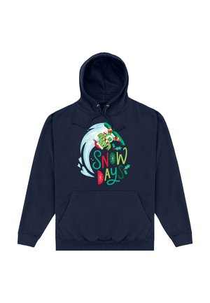 Granatowa bluza z kapturem z przednią kieszenią, z kolorową grafiką przedstawiającą niedźwiedzia snowboardowego nad napisem "SNOW DAYS" w intensywnych odcieniach zieleni i czerwieni.