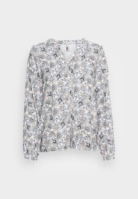 Blusa de mangas longas com padrão floral em azul, branco e pêssego, com decote em V e punhos elásticos. Feita de tecido leve.