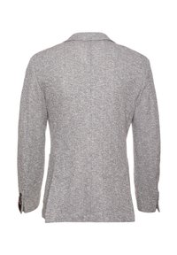 Grau kariertes Blazer mit Reverskragen, langen Ärmeln und Knopfapplikationen. Taillierte Passform und strukturierter Stoff. Rückansicht präsentiert.