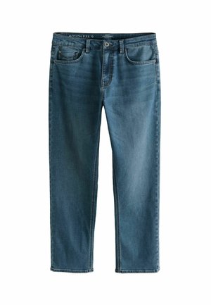 Mittelblaue Denim-Jeans mit geradem Bein, Fünf-Taschen-Design und sichtbarem Nähen. Mit Motion Flex Technologie für mehr Komfort.