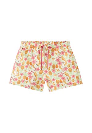 Pánske plavkové šortky s ružovou šnúrkou a tropickým ovocím a kvetinovým vzorom v oranžovej, ružovej a žltej farbe na svetlom pozadí.