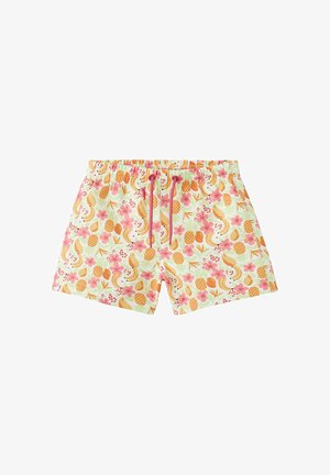 Herren-Badeshorts mit pinkem Kordelzug und tropischem Frucht- und Blumenmuster in Orange, Pink und Gelb auf hellem Hintergrund.