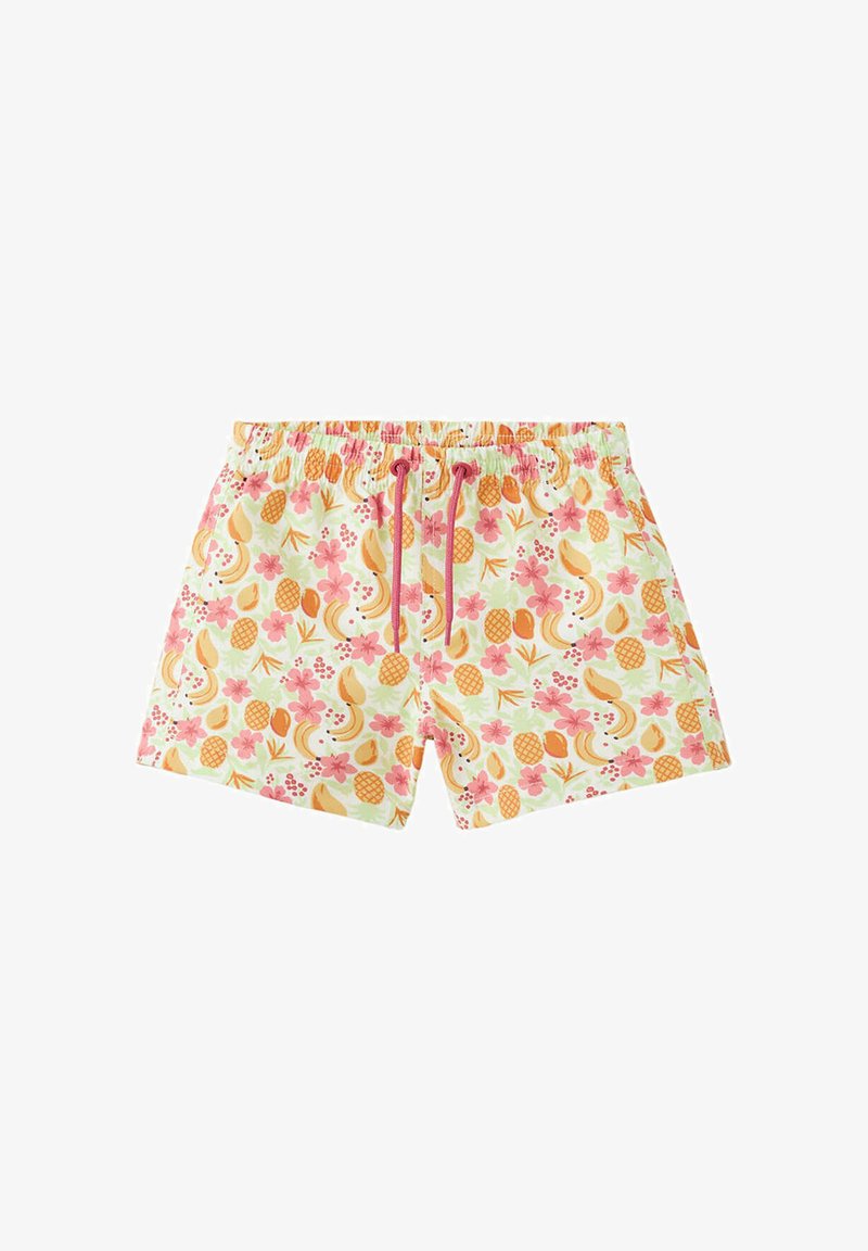 Short de bain homme avec cordon rose et motif fruits tropicaux et fleurs en orange, rose et jaune sur fond clair.