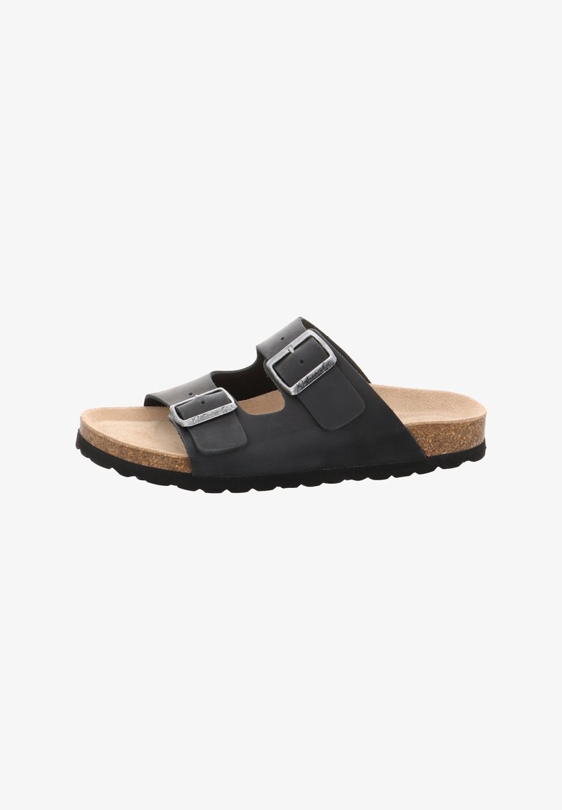 Schwarze Sandalen mit zwei verstellbaren Riemen, silbernen Schnallen und einem Korkfußbett. Strukturierte Gummisohle für guten Halt. Offene Zehenform.