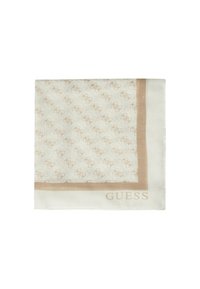 Foulard quadrato in beige e crema, caratterizzato da un motivo a logo ripetuto e un bordo solido. Testo "GUESS" in una tonalità morbida ai lati.