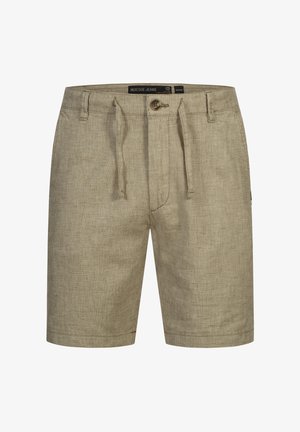 Shorts in lino beige con un motivo texturizzato, dotati di una vita con cordoncino e una chiusura frontale con bottone. Orli rifiniti con tasche laterali.