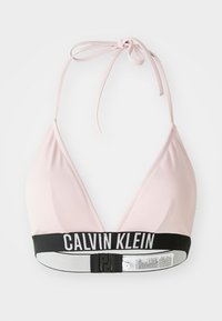 Rosa dreieckiger Bikini-Oberteil mit verstellbaren Bindebändern, schwarzem elastischem Band mit weißem "CALVIN KLEIN"-Logo, glattem Material und minimalistischen Design.