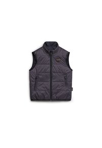 Gilet gris rembourré avec un col haut, fermeture éclair à l'avant, deux poches latérales zippées et détail du logo sur la poitrine. Tissu texturé et lisse.