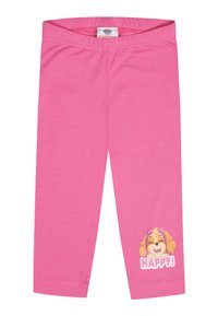 Leggings rosas de algodón suave con un gráfico de un perro de dibujos animados y el texto "¡FELIZ!" en la parte inferior de la pierna izquierda. Cintura elástica.