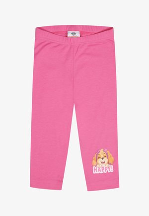 Leggings rosa realizzati in morbido cotone, con una grafica di un cane dei cartoni animati e il testo "HAPPY!" sulla parte inferiore della gamba sinistra. Vita elastica.