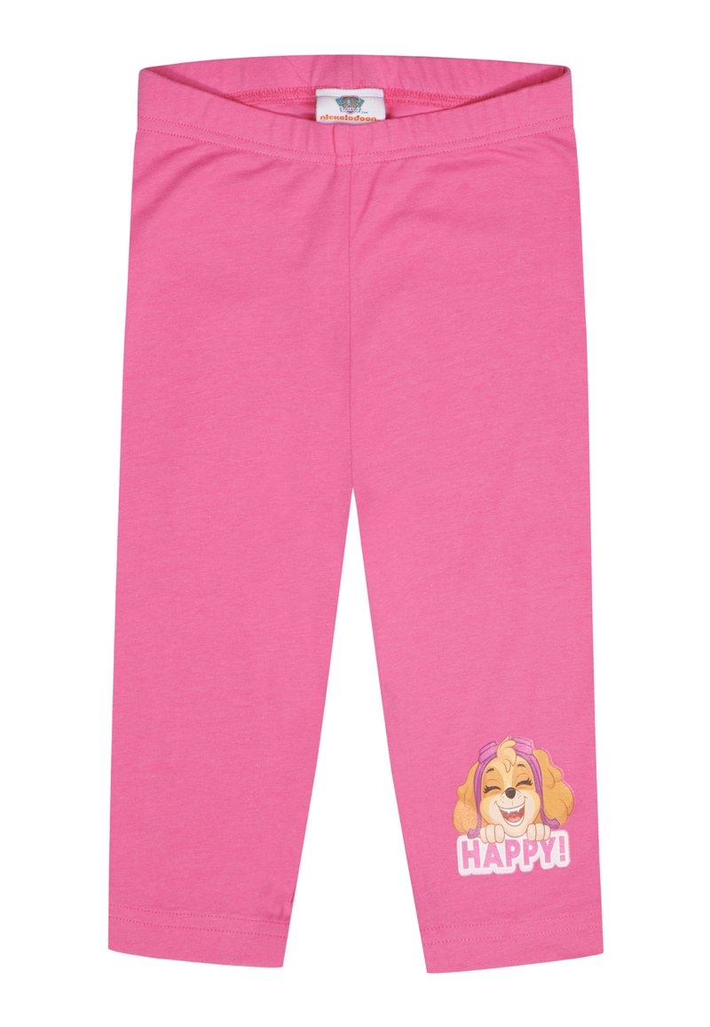 Leggings rosas de algodón suave con un gráfico de un perro de dibujos animados y el texto "¡FELIZ!" en la parte inferior de la pierna izquierda. Cintura elástica.