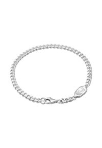 Silver chain bracelet featuring interlinked round links, a lobster clasp, and a decorative pendant with an embossed design.